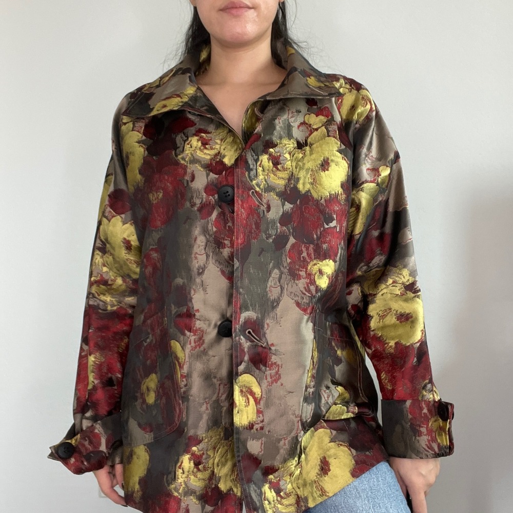 Jacquard Floral Jacket Women Large Gold Red Metallic Brocade Button‎ Front
